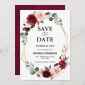 ブルゴーニュ赤面モダンフローラ幾何結婚の セーブザデート (正面/裏面)