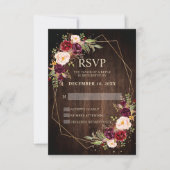 ブルゴーニュ赤面モダンフローラ幾何結婚の 出欠カード (正面)