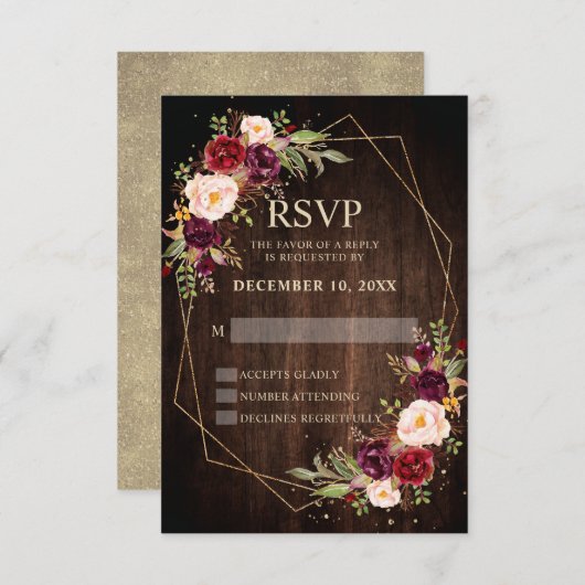 ブルゴーニュ赤面モダンフローラ幾何結婚の 出欠カード (正面/裏面)