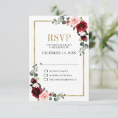 ブルゴーニュ赤面モダンフローラ幾何結婚の 出欠カード (スタンド正面)