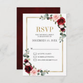 ブルゴーニュ赤面モダンフローラ幾何結婚の 出欠カード (正面/裏面)
