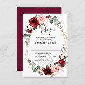 ブルゴーニュ赤面モダンフローラ幾何結婚の 出欠カード (正面/裏面)