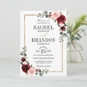 ブルゴーニュ赤面モダンフローラ幾何結婚の 招待状 (スタンド正面)