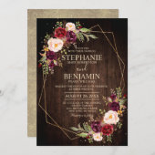 ブルゴーニュ赤面モダンフローラ幾何結婚の 招待状 (正面/裏面)