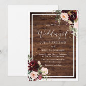 ブルゴーニュ赤面レッドワインフローラ素朴ウッドズ結婚ーズ 招待状 (正面/裏面)