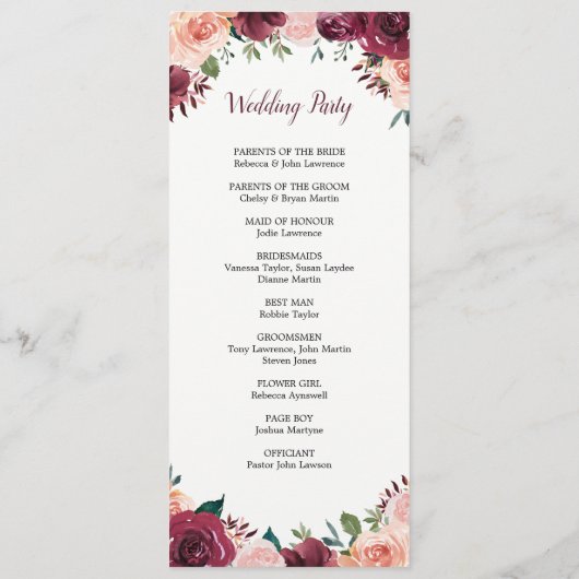 ブルゴーニュ赤面水彩秋フローラ結婚ズ プログラム (裏面)