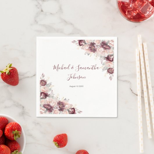 ブルゴーニュ赤面牡丹とバラ結婚ズ スタンダードカクテルナプキン (インサイチュ)