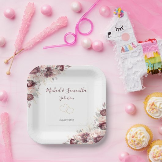 ブルゴーニュ赤面牡丹とバラ結婚ズ ペーパープレート (パーティー)