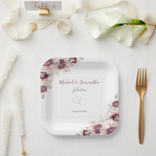 ブルゴーニュ赤面牡丹とバラ結婚ズ ペーパープレート (ウェディング)