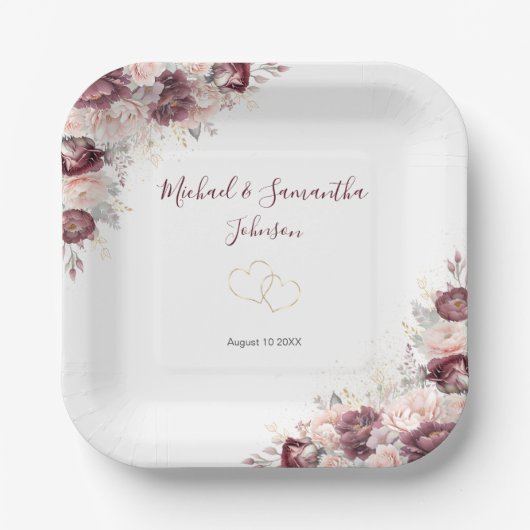 ブルゴーニュ赤面牡丹とバラ結婚ズ ペーパープレート (正面)