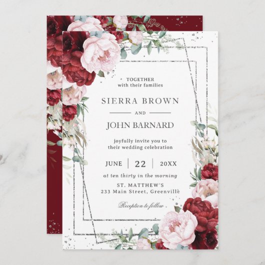 ブルゴーニュ赤面牡丹フローラシルバージオメトリック 招待状 (正面/裏面)