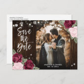 ブルゴーニュ赤面結婚ピンクの写真Save The Date 案内ポストカード (正面/裏面)