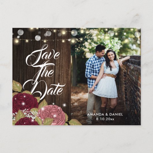 ブルゴーニュ赤面結婚ピンクの写真Save The Date 案内ポストカード (正面)