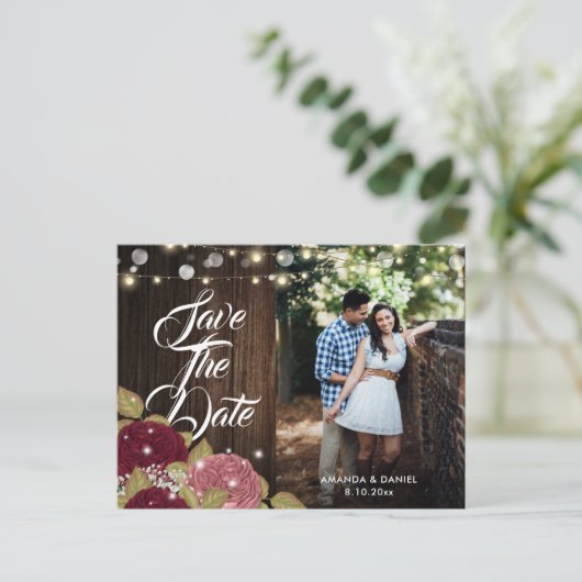 ブルゴーニュ赤面結婚ピンクの写真Save The Date 案内ポストカード (スタンド正面)