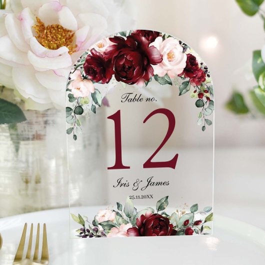 ブルゴーニュ赤面結婚フローラのアーチテーブル番号 アクリル招待状