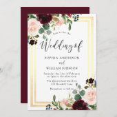 ブルゴーニュ赤面花縁どと金ゴールド結婚ズ 招待状 (正面/裏面)