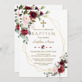 ブルゴーニュ赤面花金ゴールドフレームクロスバプテスマ 招待状 (正面/裏面)