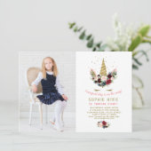 ブルゴーニュ赤面花金ゴールドユニコーン写真誕生日 招待状 (スタンド正面)