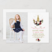 ブルゴーニュ赤面花金ゴールドユニコーン写真誕生日 招待状 (正面/裏面)