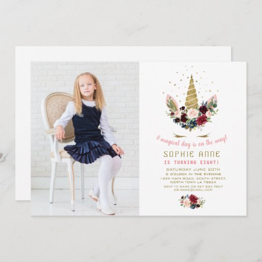 ブルゴーニュ赤面花金ゴールドユニコーン写真誕生日 招待状 (正面/裏面)