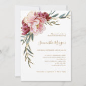 ブルゴーニュ赤面金ゴールドフローラグリーンリーブライダルシャワー 招待状 (正面)