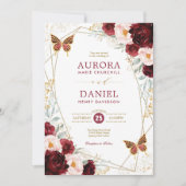 ブルゴーニュ赤面金ゴールドフローラバタフ結婚ィーズ 招待状 (正面)
