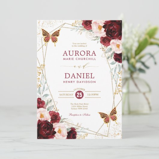 ブルゴーニュ赤面金ゴールドフローラバタフ結婚ィーズ 招待状 (スタンド正面)