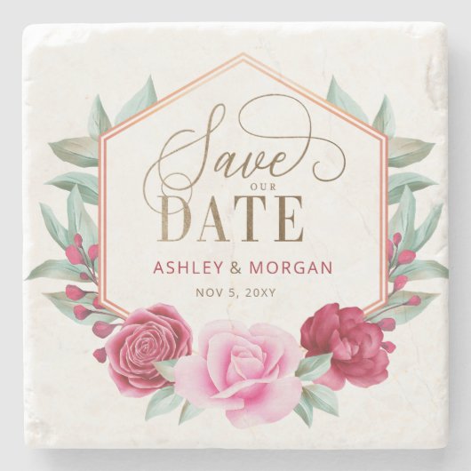 ブルゴーニュ赤面金ゴールドフローラ日付の保存 ストーンコースター (正面)