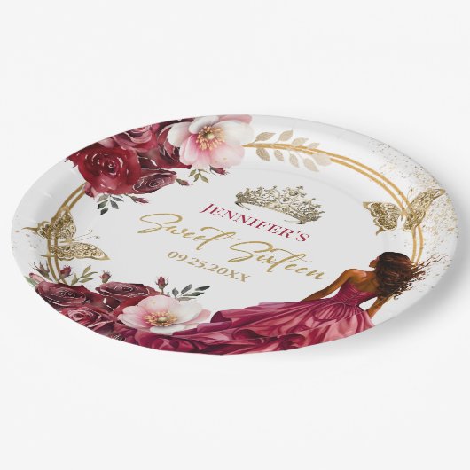 ブルゴーニュ赤面金ゴールドプリンセスフローラスウィート16 ペーパープレート (アングル)