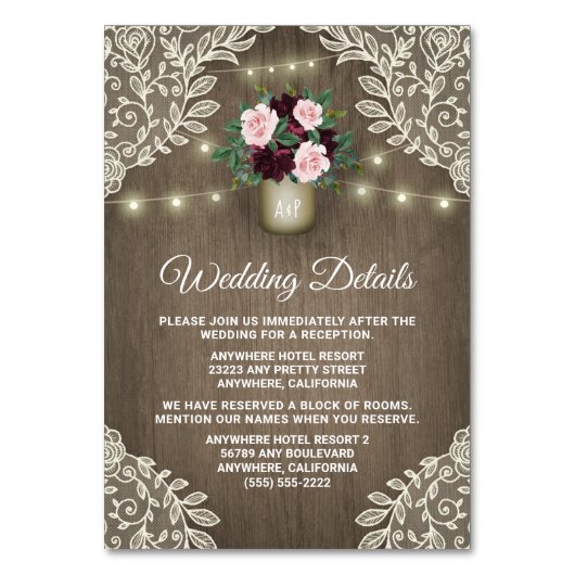 ブルゴーニュ赤面金ゴールドメイスン結婚ジャーのインサートカード テーブルナンバー (正面)