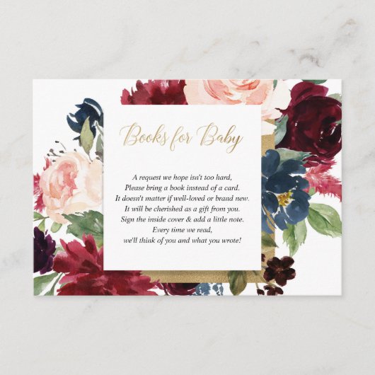 ブルゴーニュ赤面金ゴールド女の子の赤ちゃんシャワー本のリクエスト エンクロージャーカード (正面)
