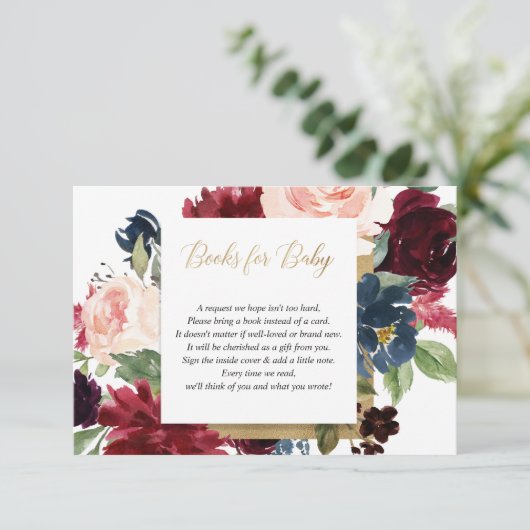 ブルゴーニュ赤面金ゴールド女の子の赤ちゃんシャワー本のリクエスト エンクロージャーカード (スタンド正面)