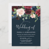 ブルゴーニュ赤面&ネイビーウォーター色のフローラ結婚ズ 招待状 (正面)