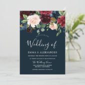 ブルゴーニュ赤面&ネイビーウォーター色のフローラ結婚ズ 招待状 (スタンド正面)