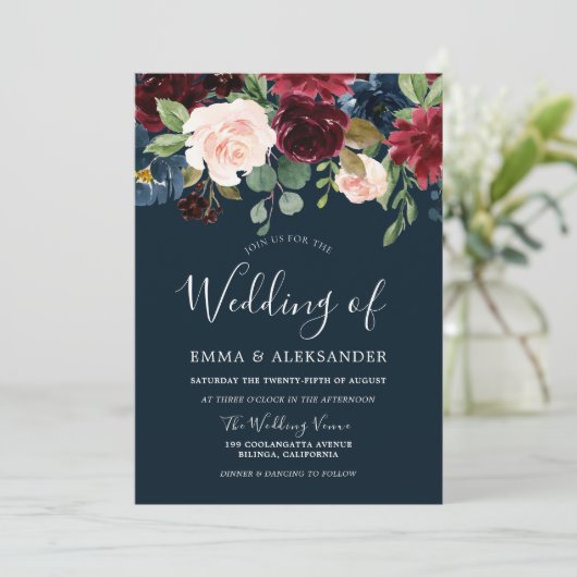 ブルゴーニュ赤面&ネイビーウォーター色のフローラ結婚ズ 招待状 (スタンド正面)