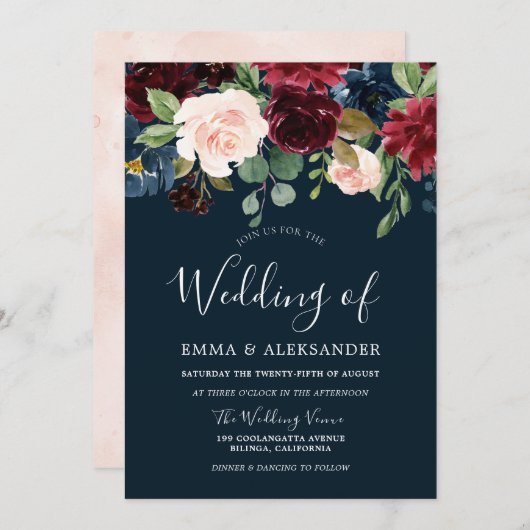 ブルゴーニュ赤面&ネイビーウォーター色のフローラ結婚ズ 招待状 (正面/裏面)