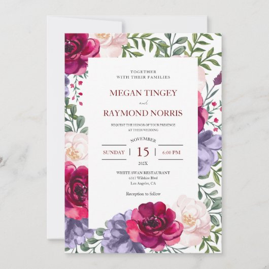 ブルゴーニュ赤面&ネイビーブルーフローラフレ結婚ーム 招待状 (正面)