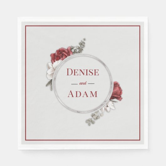 ブルゴーニュ赤面&ホワイトローゼスシルバーフォイル スタンダードランチョンナプキン (正面)