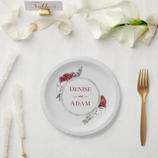 ブルゴーニュ赤面&ホワイトローゼスシルバーフォイル ペーパープレート (ウェディング)