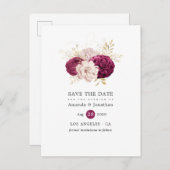 ブルゴーニュ赤面&金ゴールドフローラ結婚式の日付を保存 案内ポストカード (正面/裏面)