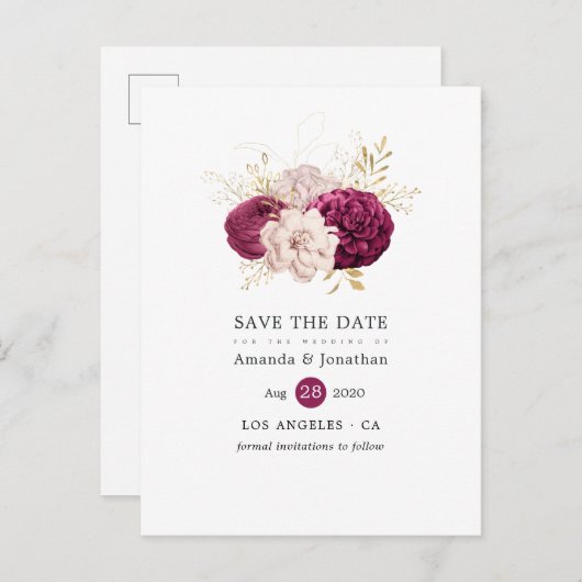 ブルゴーニュ赤面&金ゴールドフローラ結婚式の日付を保存 案内ポストカード (正面/裏面)