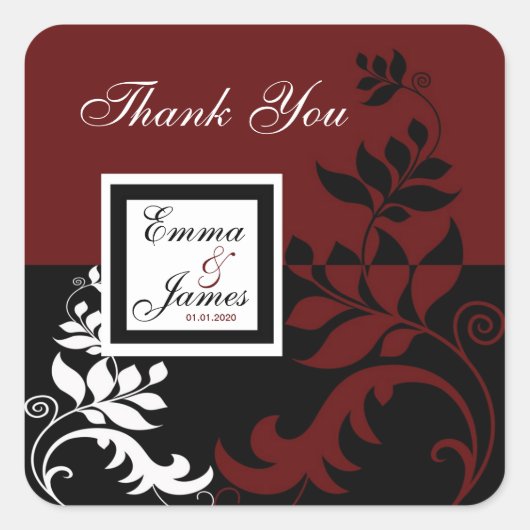 ブルゴーニュ赤黒白ウェディングステッカー スクエアシール (正面)
