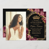 ブルゴーニュ赤黒金ゴールドフローラ写真キンセアニェラ 招待状 (正面/裏面)