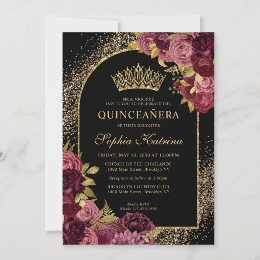 ブルゴーニュ赤黒金ゴールドフローラ写真キンセアニェラ 招待状 (正面)