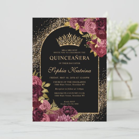 ブルゴーニュ赤黒金ゴールドフローラ写真キンセアニェラ 招待状 (スタンド正面)