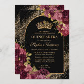 ブルゴーニュ赤黒金ゴールドフローラ写真キンセアニェラ 招待状 (正面/裏面)
