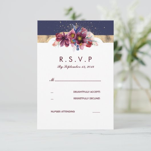 ブルゴーニュ金ゴールドとマルサラウェディングRSVPフローラ 出欠カード (スタンド正面)