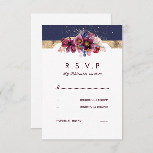 ブルゴーニュ金ゴールドとマルサラウェディングRSVPフローラ 出欠カード (正面/裏面)