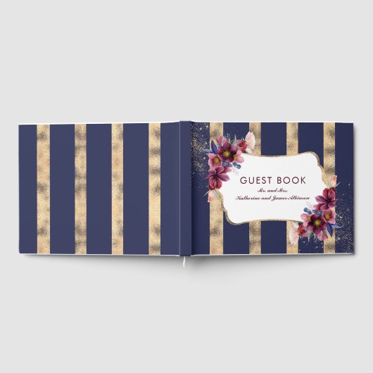 ブルゴーニュ金ゴールドと海軍ストライプフローラ結婚ズ ゲストブック (全面)
