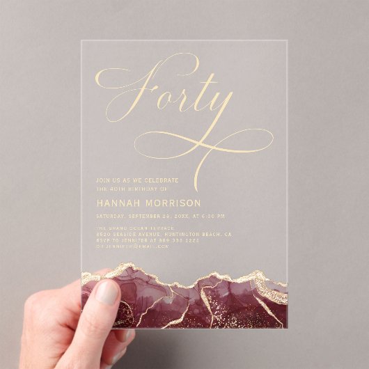 ブルゴーニュ金ゴールドアゲート40th40th誕生日パーティー アクリル招待状 (インサイチュ (ポータブル))